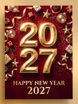 Happy new year 2027 gold numbers with shiny stars and festive ribbons on a deep red background for a celebratory holiday greeting card design and winter season party invitation poster