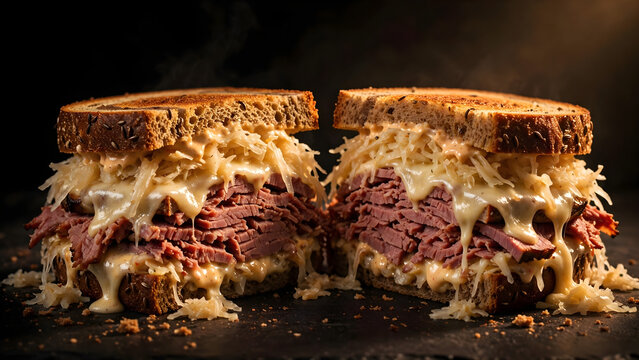 Delicious Reuben sandwich cut in half with corned beef, sauerkraut and melted Swiss cheese on dark background