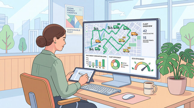 Logistics analyst working on graphic tablet monitoring clean energy fleet dashboard, sustainable delivery map, daily energy consumption and eco efficiency flat vector illustration