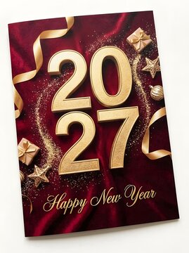 Happy new year 2027 greeting card design with large gold numbers and elegant ribbons plus gift boxes on a dark red luxury background for festive holiday celebration and party event