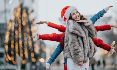 Fototapeta premium Three girls wearing Santa hats pose together outdoors with joyful expressions. The friends celebrate a festive holiday evening with blurred lights in the background.