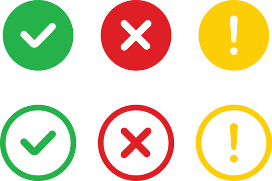 Green Check Mark Red Cross Mark and Yellow Exclamation Point Icon Set, Flat and Outline Circle Status Symbols Vector Illustration Isolated on White Background