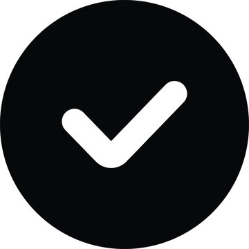 Black Circle Check Mark Icon Vector Illustration, White Tick Symbol in Filled Circle Flat Button Isolated on White Background