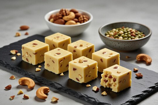 Indian mava chikki cubes with nuts on dark slate. Sweet dessert with khoya and almonds. Delicious traditional Indian mithai on table. Tasty snack.