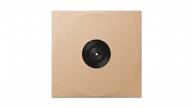 Vintage vinyl record in brown paper sleeve, minimalist analog music disc mockup, retro black gramophone record on white background
