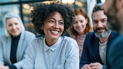 Obraz premium A diverse group of people engaged in a conversation in a modern office setting.
