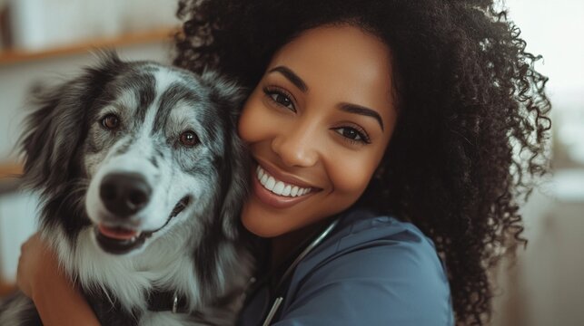 Joyful embrace between a curly-haired woman and her loyal border collie companion, showcasing the unbreakable bond between humans and their furry friends.