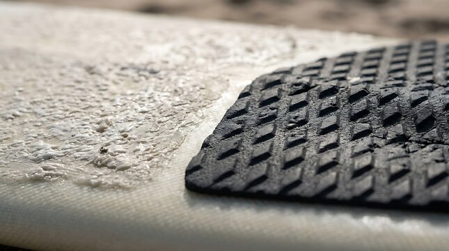 Close up of surfboard wax and black traction pad at the beach
