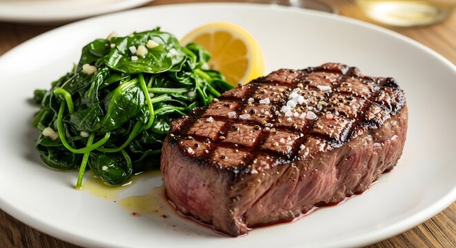 Delicious grilled beef steak served with fresh cooked green spinach and a slice of yellow lemon on a round ceramic plate inside a busy restaurant dining room during evening dinner service