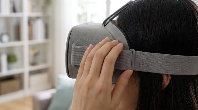 Young adult woman wearing a grey virtual reality headset in a living room, representing immersive technology, gaming, and digital innovation trends