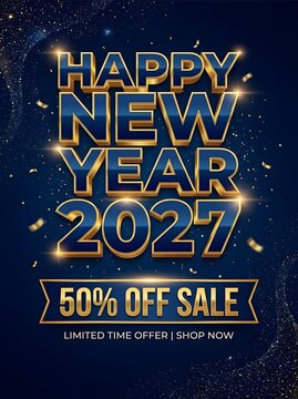 Happy new year 2027 celebration banner with fifty percent off sale text on a dark blue background with glowing golden letters and decorative confetti elements for marketing promotion