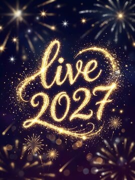 Happy new year 2027 celebration greeting card design with golden glowing text live 2027 and bright colorful fireworks sparkling in the dark night sky for a festive holiday event poster