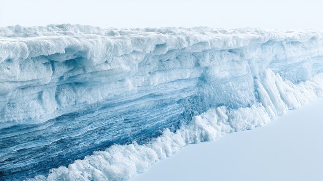 A close-up view of an ice formation, showcasing the stratified layers and cool blue hues. The texture of the ice is rough and intricate, hinting at the power of natural forces