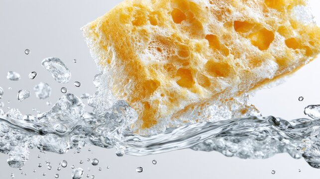 A yellow sponge absorbing water, creating many bubbles and ripples. The sponge is porous and textured, highlighting its absorbent quality.