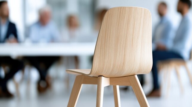 An empty wooden chair sits in the foreground, facing away from the viewer, with a blurred background of people seated at a table in a meeting or interview setting
