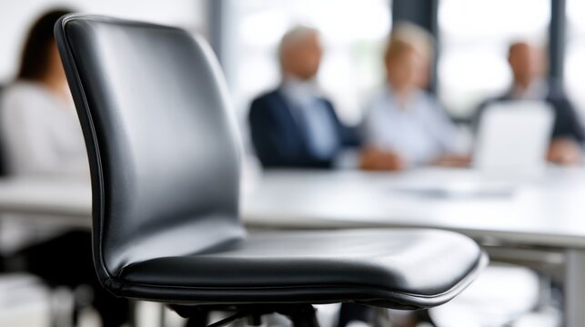 An empty office chair in the foreground with blurred figures of people in the background at a meeting table