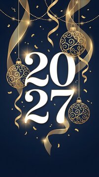 Happy new year 2027 banner with hanging gold and silver christmas balls ribbons and glowing confetti on a dark background for celebration festive holiday season party and greeting card