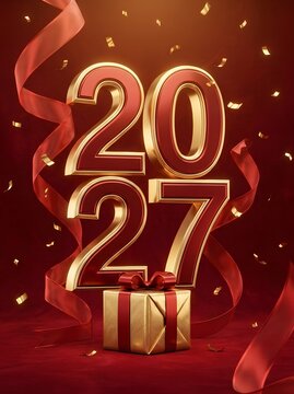 3d metallic golden 2027 numbers with a decorative gift box and red ribbons falling on a dark red festive background for a luxury new year celebration greeting card design concept