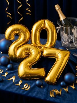 Golden 2027 balloons with champagne bottle and blue holiday ornaments for a new year celebration party on a dark background