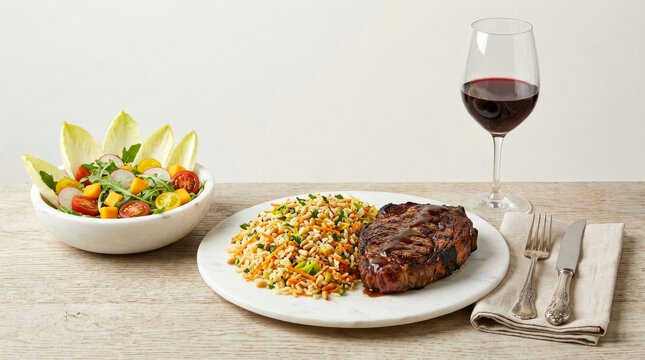 Bife ancho grelhado com arroz de pinh&atilde;o, salada fresca e ta&ccedil;a de vinho tinto em mesa de madeira clara - arroz com Pinhole 