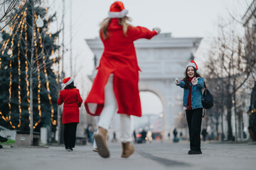 Fototapeta premium Two girls greet each other with open arms wearing Santa hats and winter coats. A festive city street scene with holiday lights and cheerful expressions.