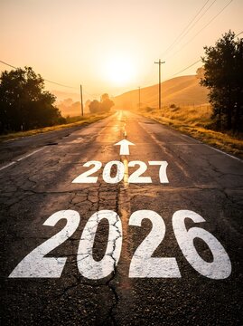 2026 and 2027 numbers painted on a rural road leading towards a bright sunset, representing the transition into the new year and future goals, hope, success and new beginning concepts