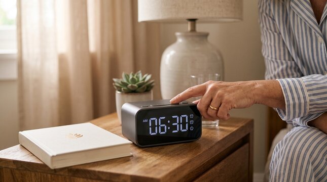 Elderly person's hand presses button on digital alarm clock showing 6 30 AM next to a book and plant
