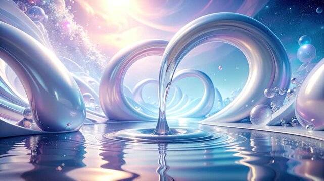Surreal liquid forms cascade into a rippling pool, cosmic dreamscape