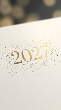 Shiny gold number 2027 with sparkling glitter dust confetti falling on a clean surface celebrating the arrival of the new year and future success for business and personal goals