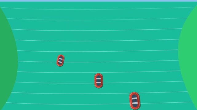 A 2d flat animation showcasing a river adventure with people rowing inflatable rafts, camping gear, and a sunset over mountains
