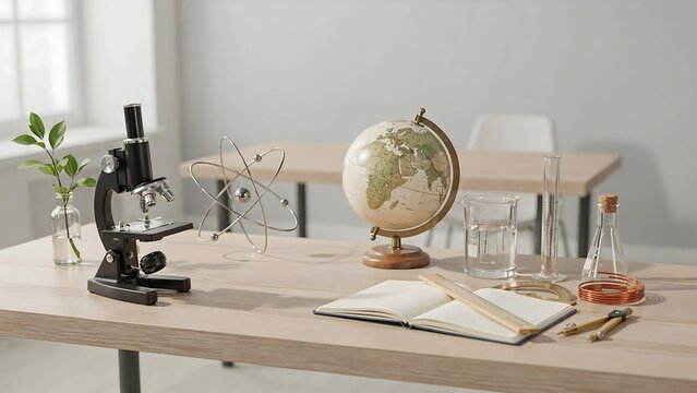 Scientific study tools arranged on a modern wooden desk