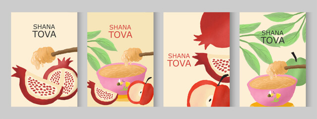Jewish New Year card design set with Apples, pomegranate and honey. phrase Shana Tova Happy new year. Rosh Hashanah greeting card, cover, holiday web banner, poster. Hand drawn background. © Sri drawing