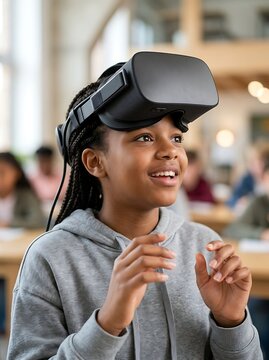 Young student smiling while wearing a virtual reality headset