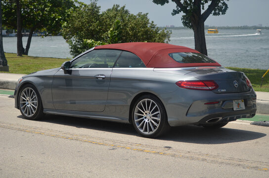 Mercedes C 300 Convertible on the Venetia Causeway,M Miami Beach awaiting for the drawbridge to one for vehicular traffic on 20 July 2026.