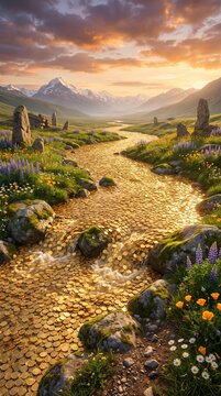 A surreal river of gold coins flowing through a scenic mountain valley at sunset.