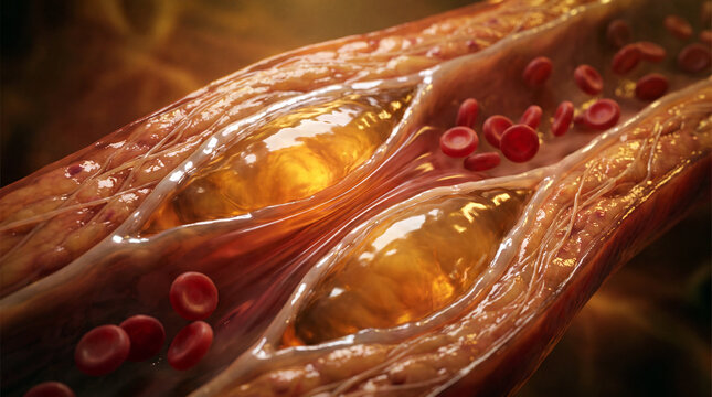 Multiple translucent cholesterol plaques developing inside a human artery with flowing red blood cells in a premium medical illustration of atherosclerosis.