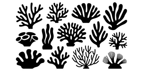 Fototapeta premium Black Coral Reef Silhouette Collection Vector Marine Coral Icon Set in Minimal Flat Style Underwater Coral Silhouette Collection Isolated on White