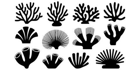 Black Coral Reef Silhouette Collection Vector Marine Coral Icon Set in Minimal Flat Style Underwater Coral Silhouette Collection Isolated on White © MSTROUJATOUS