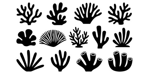 Black Coral Reef Silhouette Collection Vector Marine Coral Icon Set in Minimal Flat Style Underwater Coral Silhouette Collection Isolated on White © MSTROUJATOUS