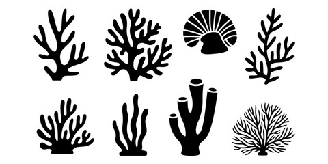 Black Coral Reef Silhouette Collection Vector Marine Coral Icon Set in Minimal Flat Style Underwater Coral Silhouette Collection Isolated on White © MSTROUJATOUS