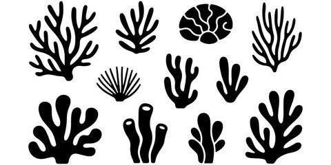 Black Coral Reef Silhouette Collection Vector Marine Coral Icon Set in Minimal Flat Style Underwater Coral Silhouette Collection Isolated on White © MSTROUJATOUS