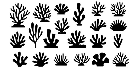 Black Coral Reef Silhouette Collection Vector Marine Coral Icon Set in Minimal Flat Style Underwater Coral Silhouette Collection Isolated on White © MSTROUJATOUS