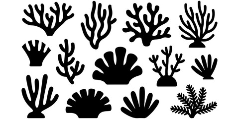 Black Coral Reef Silhouette Collection Vector Marine Coral Icon Set in Minimal Flat Style Underwater Coral Silhouette Collection Isolated on White © MSTROUJATOUS