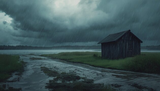 Dramatic Storm Clouds Gathering Over a Rustic Barn and Rural Village Across Peaceful Farmland at Sunset Landscape