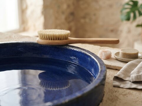 Natural body brush on a blue ceramic bowl with water for wellness ritual