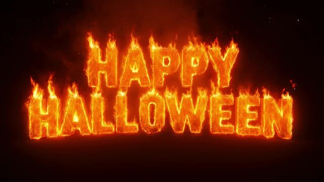 Happy halloween text made of bright orange fire flames on a dark black background