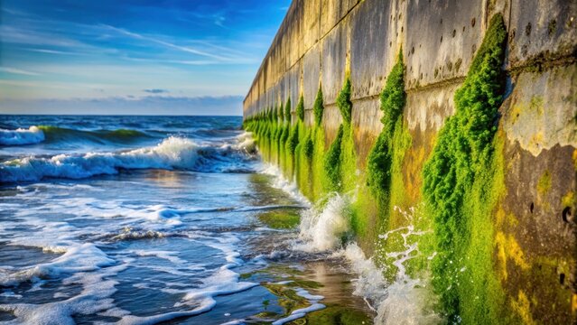 A weathered mosscovered concrete wall with an abstract grunge pattern emerges from the oceans tidal waves