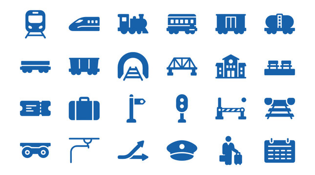 Collection of blue train and railway icons representing transportation travel and logistics in a clean graphic design style