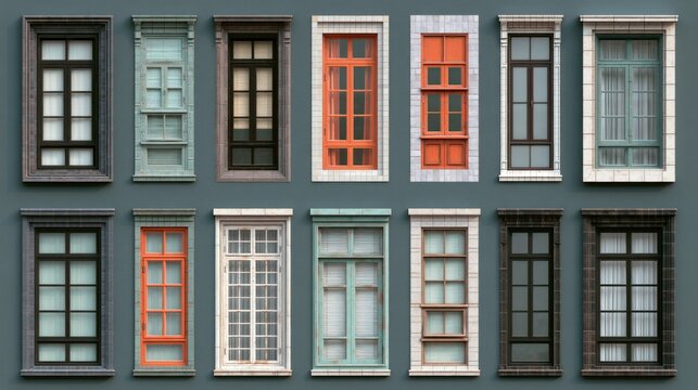 A collection of various window designs and styles, arranged in a grid pattern against a dark background.