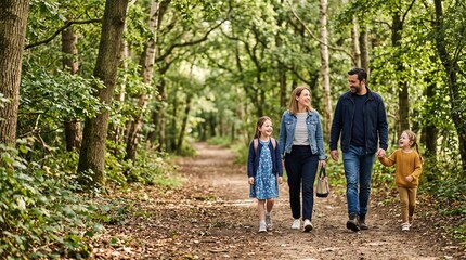 Fototapeta premium Happy family walking on a forest path enjoying nature and outdoor activity together